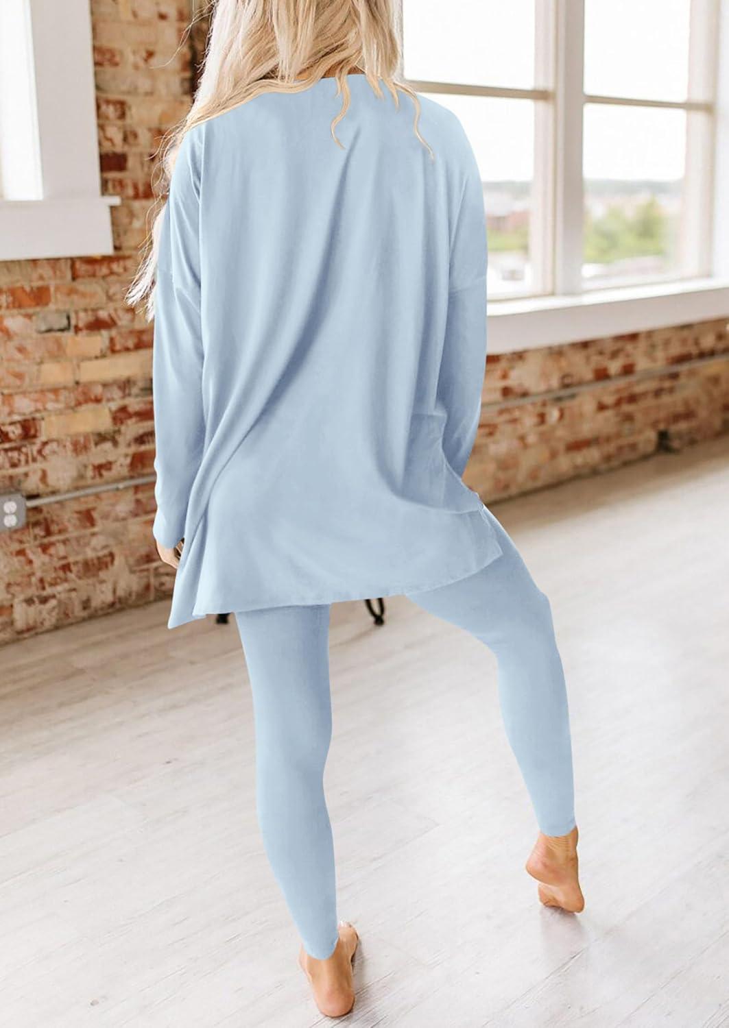 imagePRETTYGARDEN Womens 2 Piece Outfits 2026 Spring Long Sleeve Tunic Tops Legging Pants Fall Matching Lounge Sets SweatsuitsLight Blue
