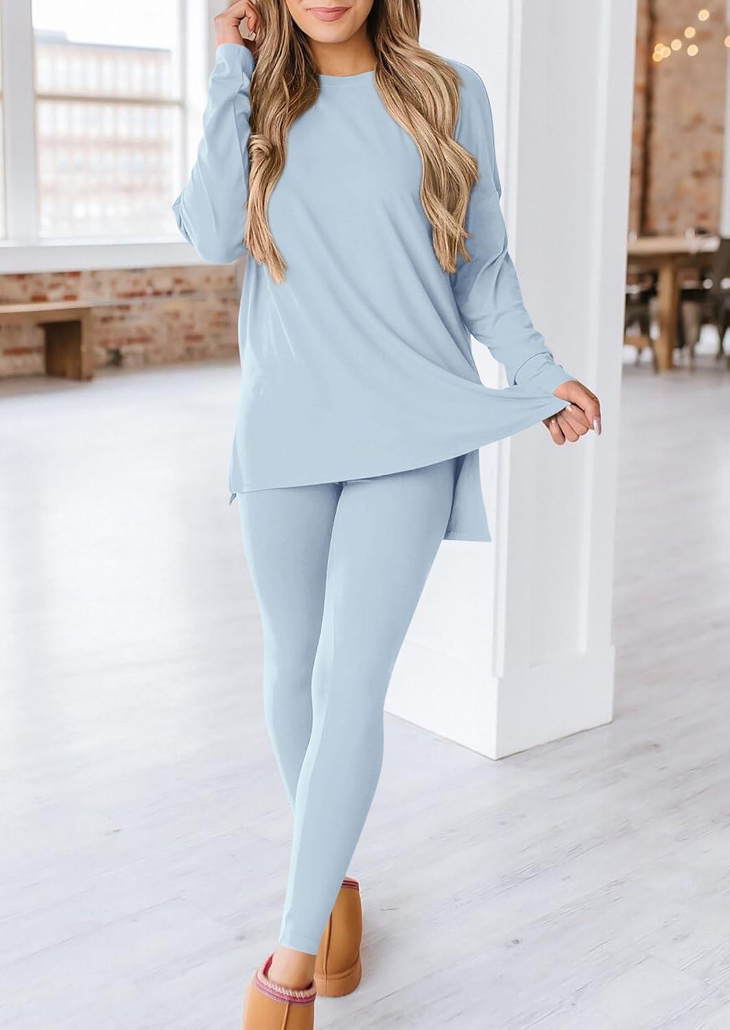 imagePRETTYGARDEN Womens 2 Piece Outfits 2026 Spring Long Sleeve Tunic Tops Legging Pants Fall Matching Lounge Sets SweatsuitsLight Blue