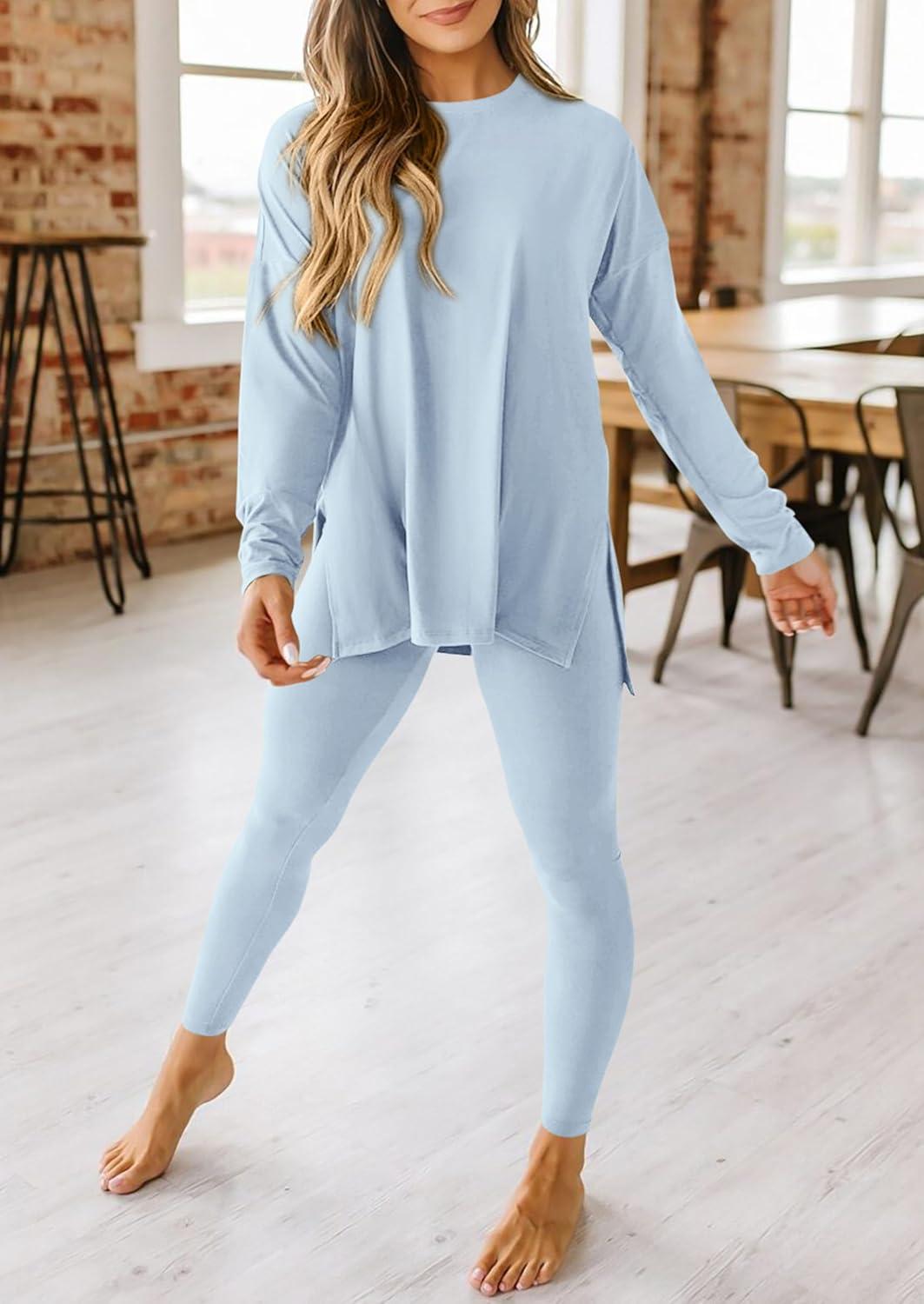 imagePRETTYGARDEN Womens 2 Piece Outfits 2026 Spring Long Sleeve Tunic Tops Legging Pants Fall Matching Lounge Sets SweatsuitsLight Blue
