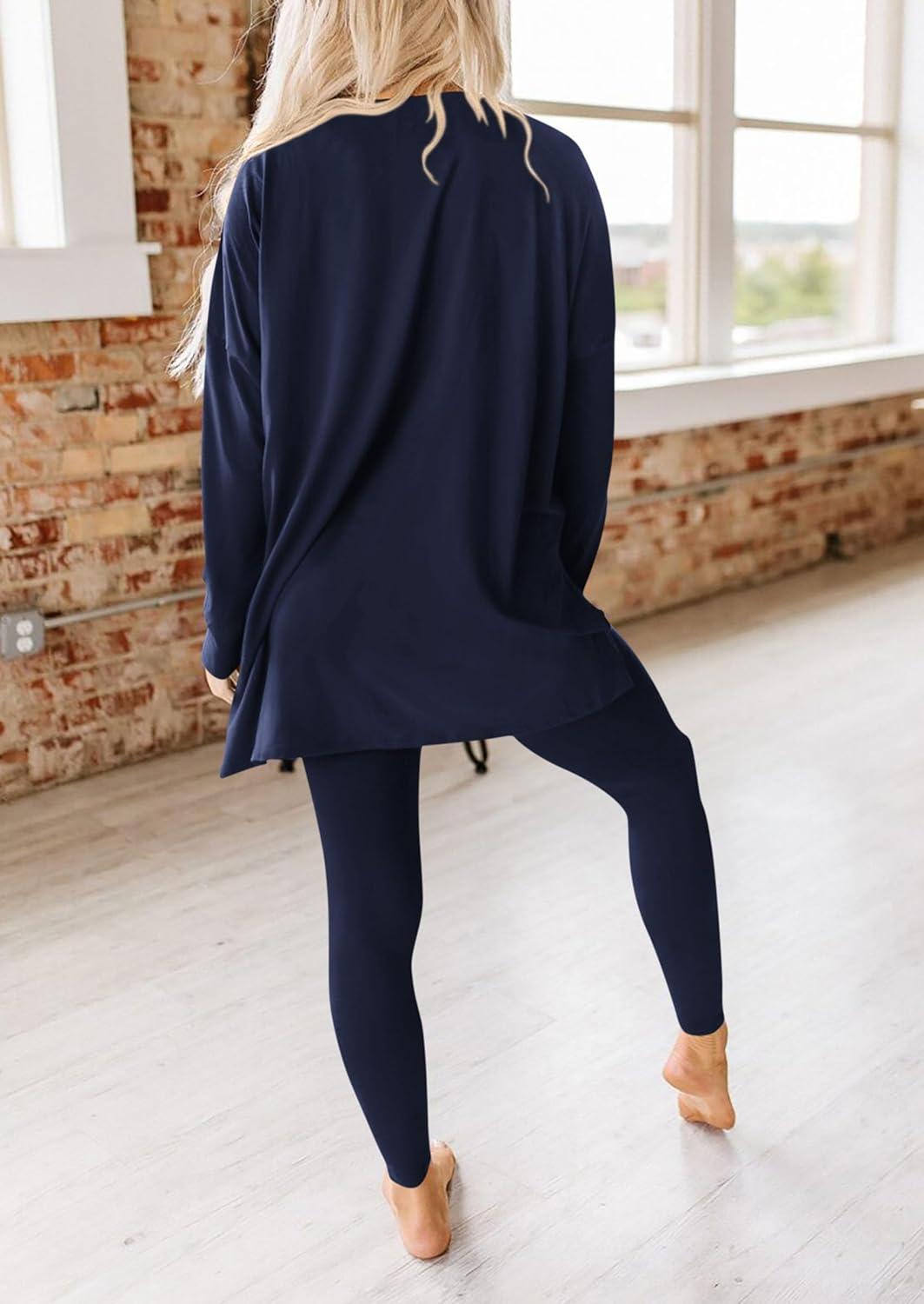 imagePRETTYGARDEN Womens 2 Piece Outfits 2026 Spring Long Sleeve Tunic Tops Legging Pants Fall Matching Lounge Sets SweatsuitsNavy