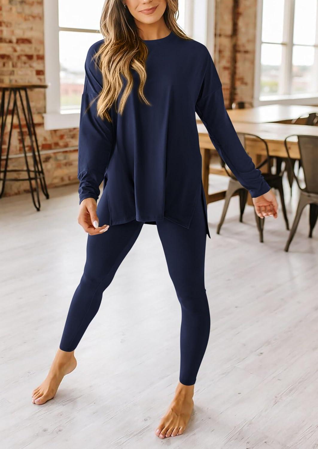imagePRETTYGARDEN Womens 2 Piece Outfits 2026 Spring Long Sleeve Tunic Tops Legging Pants Fall Matching Lounge Sets SweatsuitsNavy
