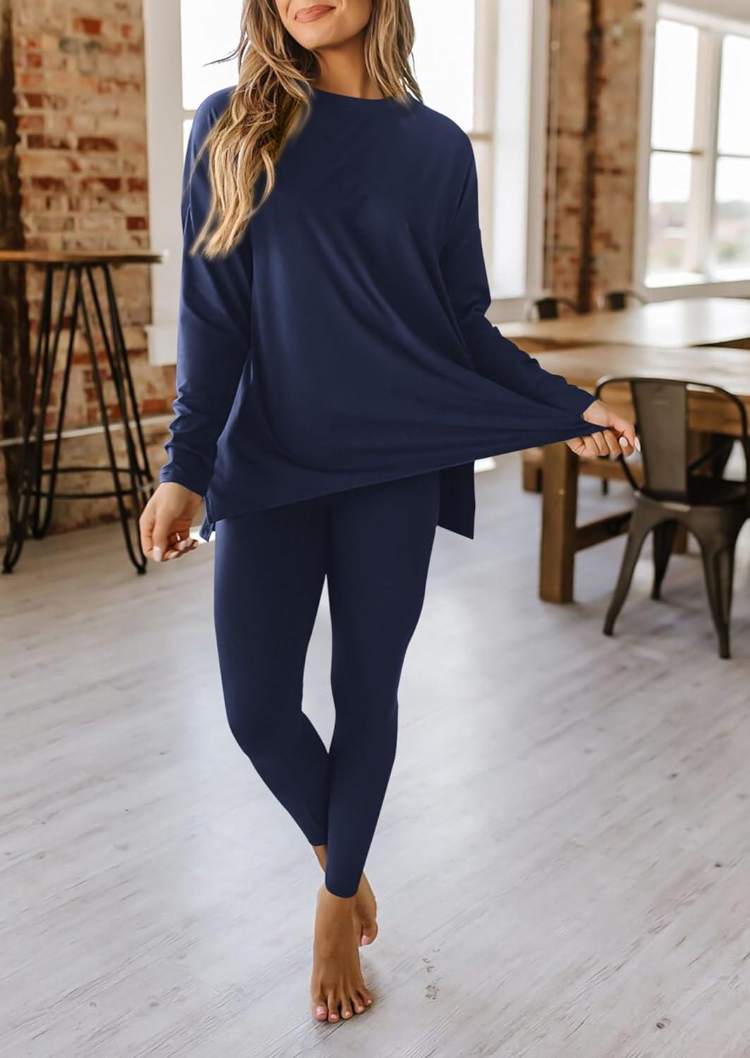 imagePRETTYGARDEN Womens 2 Piece Outfits 2026 Spring Long Sleeve Tunic Tops Legging Pants Fall Matching Lounge Sets SweatsuitsNavy