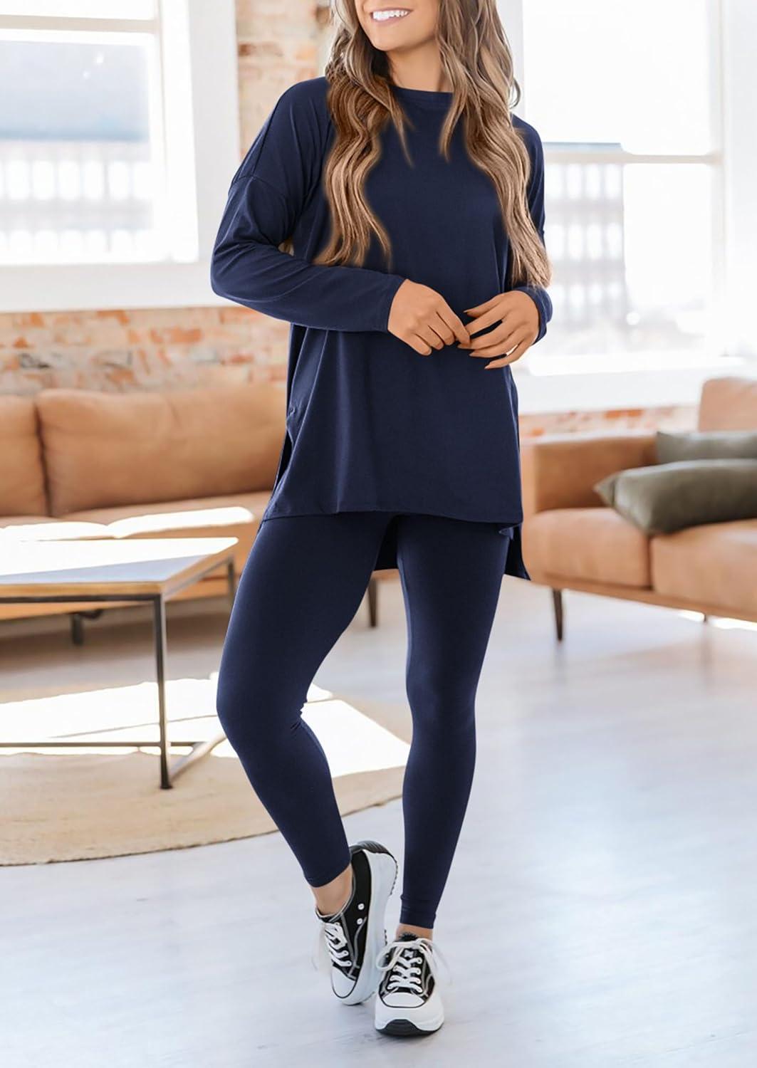 imagePRETTYGARDEN Womens 2 Piece Outfits 2026 Spring Long Sleeve Tunic Tops Legging Pants Fall Matching Lounge Sets SweatsuitsNavy