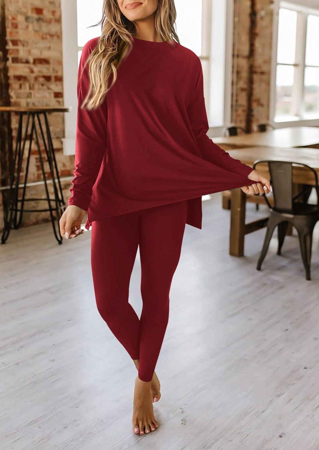 imagePRETTYGARDEN Womens 2 Piece Outfits 2026 Spring Long Sleeve Tunic Tops Legging Pants Fall Matching Lounge Sets SweatsuitsWine Red