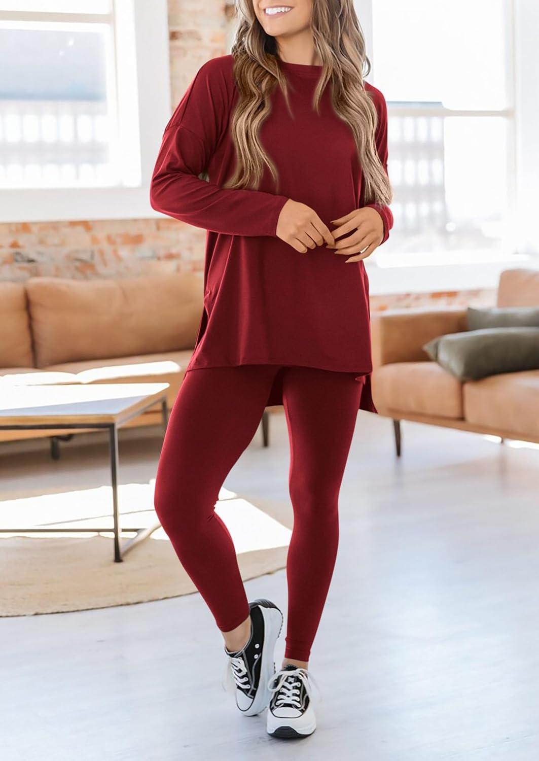 imagePRETTYGARDEN Womens 2 Piece Outfits 2026 Spring Long Sleeve Tunic Tops Legging Pants Fall Matching Lounge Sets SweatsuitsWine Red