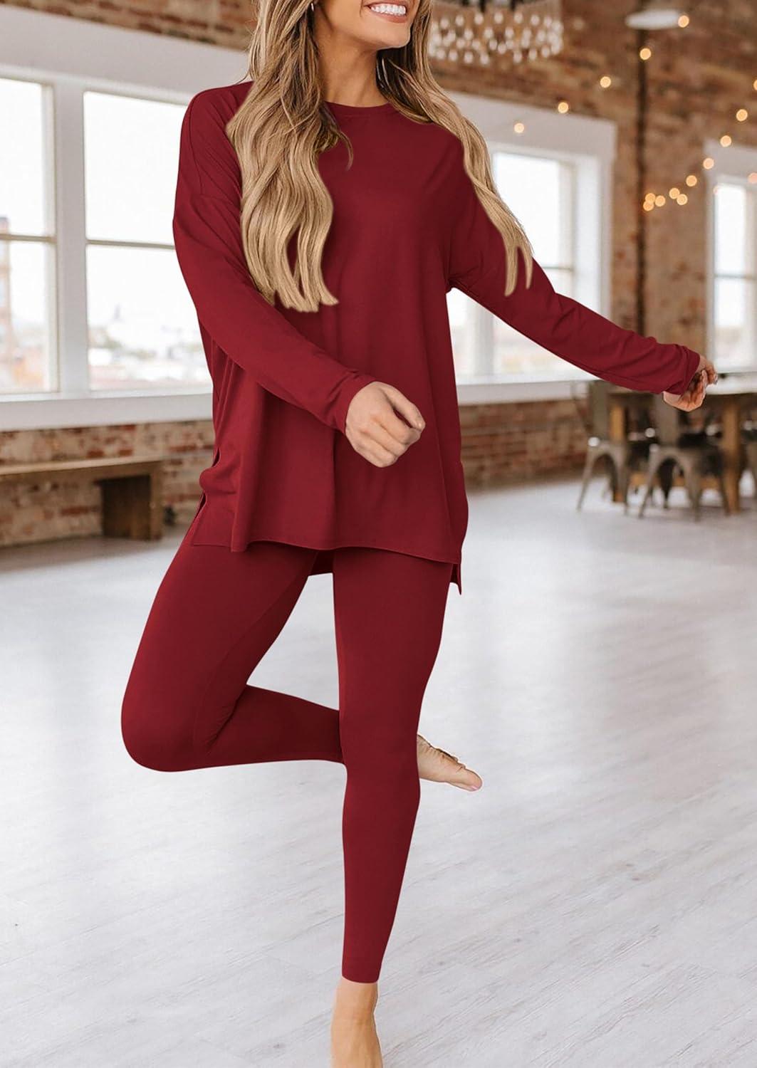 imagePRETTYGARDEN Womens 2 Piece Outfits 2026 Spring Long Sleeve Tunic Tops Legging Pants Fall Matching Lounge Sets SweatsuitsWine Red