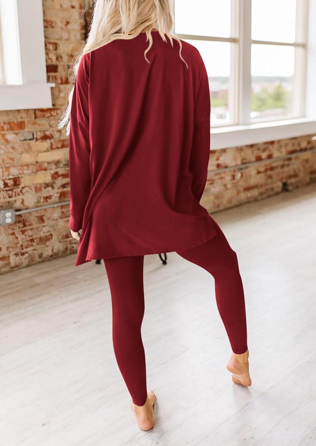 imagePRETTYGARDEN Womens 2 Piece Outfits 2026 Spring Long Sleeve Tunic Tops Legging Pants Fall Matching Lounge Sets SweatsuitsWine Red