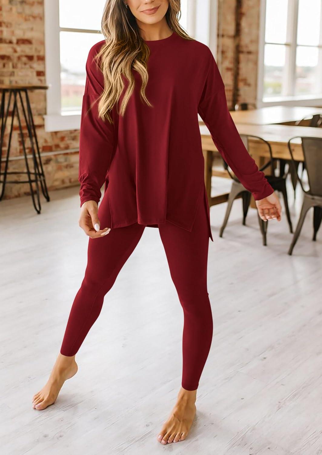 imagePRETTYGARDEN Womens 2 Piece Outfits 2026 Spring Long Sleeve Tunic Tops Legging Pants Fall Matching Lounge Sets SweatsuitsWine Red