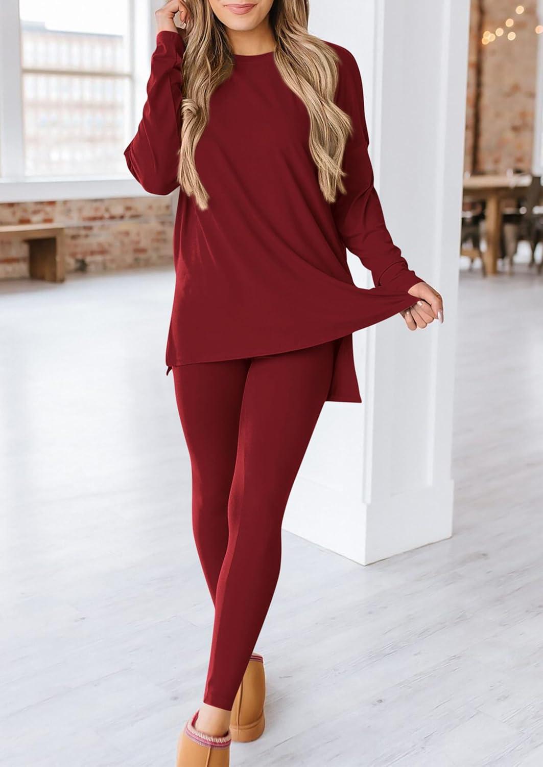 imagePRETTYGARDEN Womens 2 Piece Outfits 2026 Spring Long Sleeve Tunic Tops Legging Pants Fall Matching Lounge Sets SweatsuitsWine Red