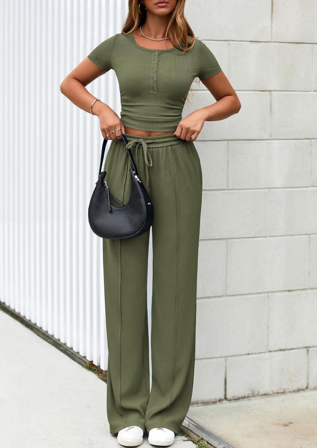 imagePRETTYGARDEN Womens 2 Piece Outfits Summer 2026 Ribbed Knit Button Short Sleeve Tops Casual Wide Leg Pants Lounge SetsArmy Green