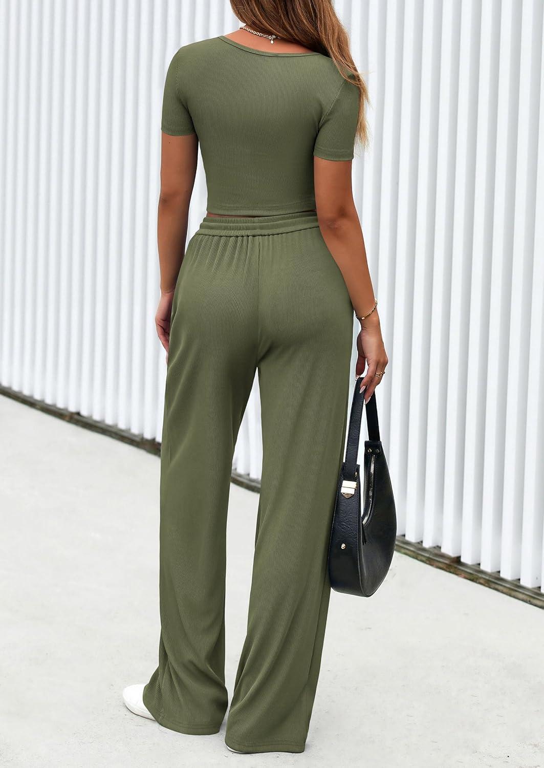 imagePRETTYGARDEN Womens 2 Piece Outfits Summer 2026 Ribbed Knit Button Short Sleeve Tops Casual Wide Leg Pants Lounge SetsArmy Green