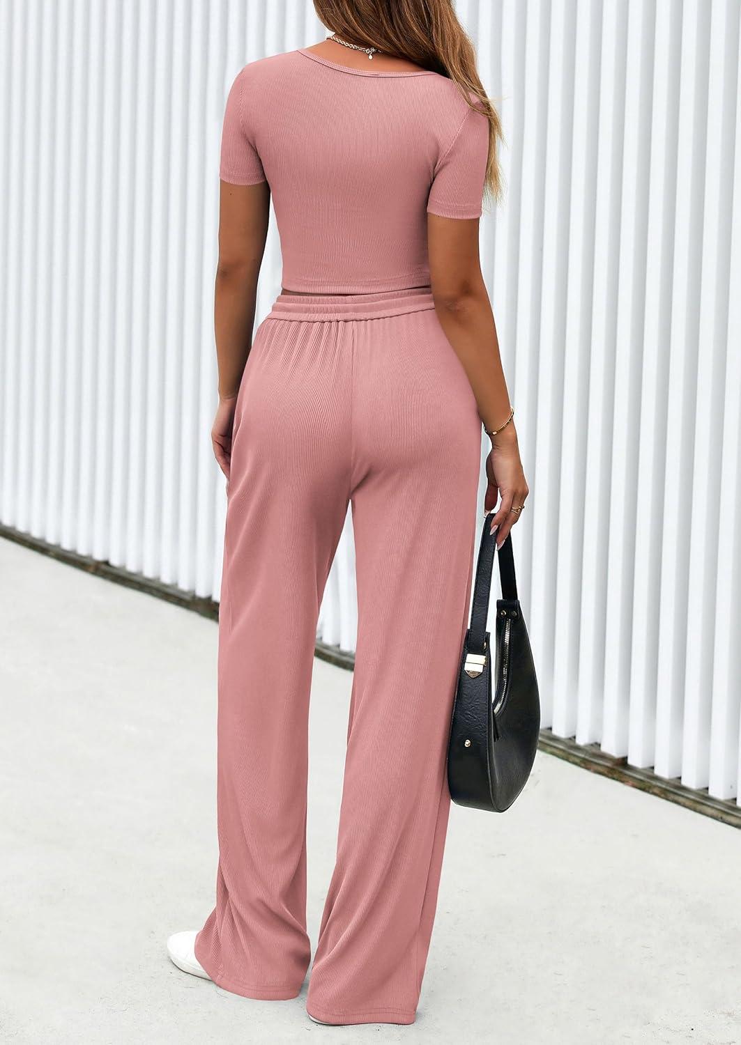 imagePRETTYGARDEN Womens 2 Piece Outfits Summer 2026 Ribbed Knit Button Short Sleeve Tops Casual Wide Leg Pants Lounge SetsPink