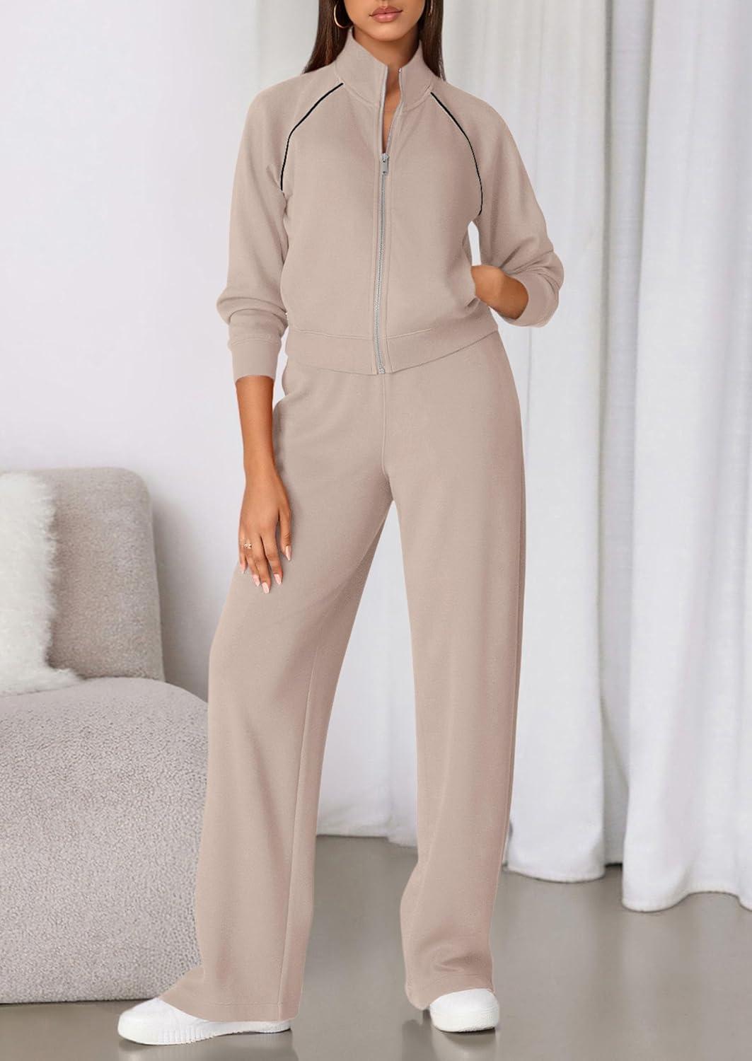 imagePRETTYGARDEN Womens 2 Piece Outfits Sweatsuits 2026 Fall Full Zip Sweatshirts Workout Pants Matching Lounge Sets TracksuitsApricot