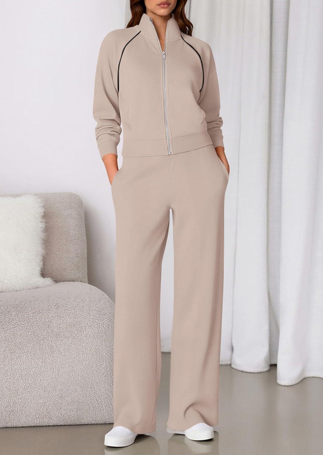 imagePRETTYGARDEN Womens 2 Piece Outfits Sweatsuits 2026 Fall Full Zip Sweatshirts Workout Pants Matching Lounge Sets TracksuitsApricot
