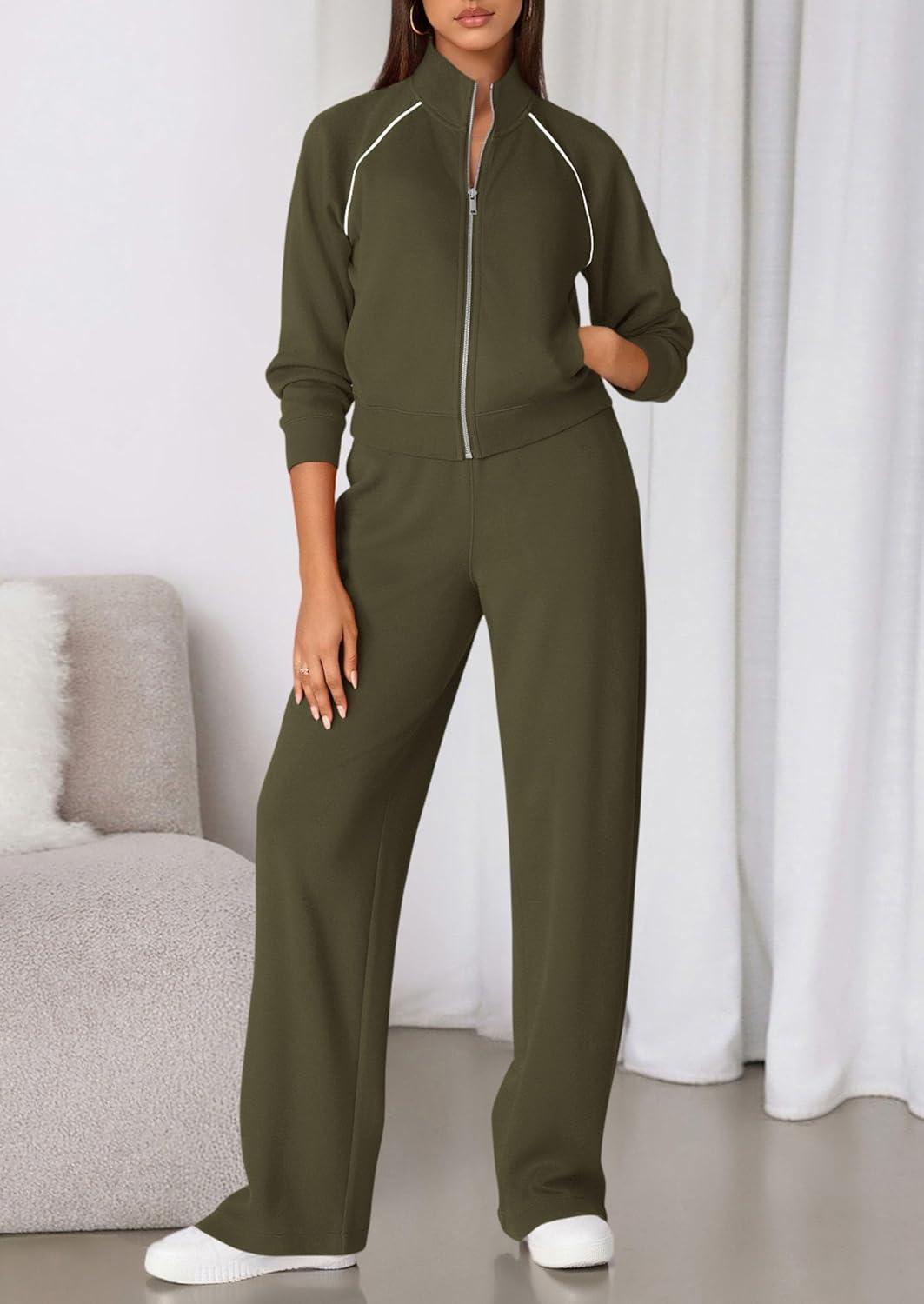 imagePRETTYGARDEN Womens 2 Piece Outfits Sweatsuits 2026 Fall Full Zip Sweatshirts Workout Pants Matching Lounge Sets TracksuitsArmy Green