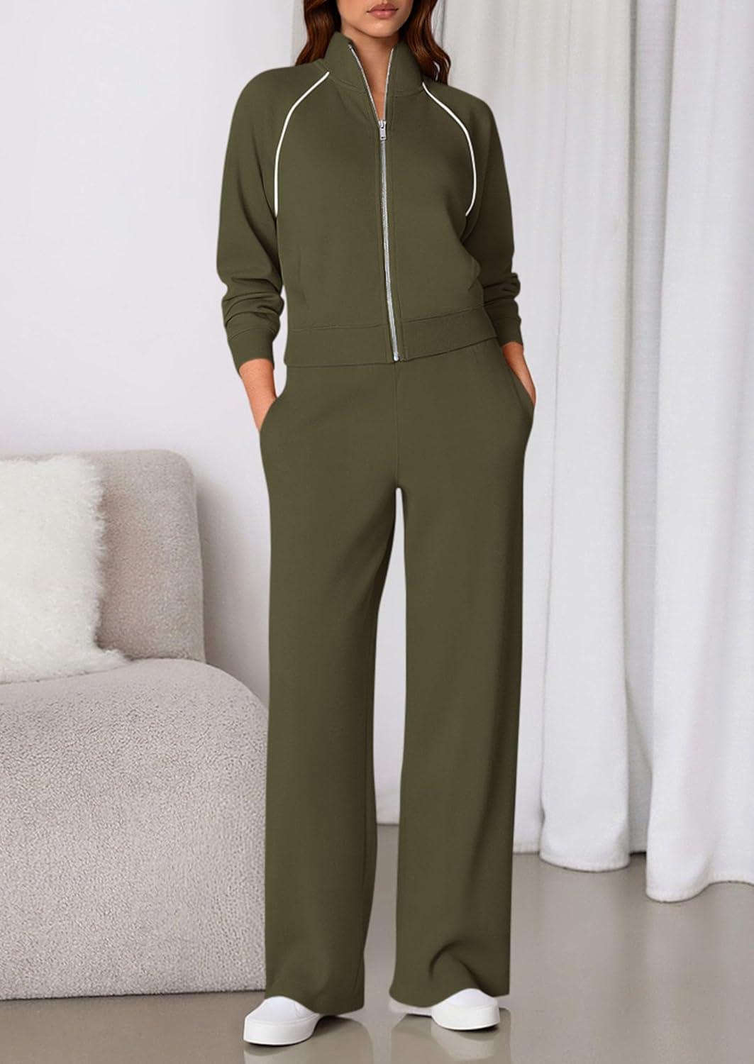 imagePRETTYGARDEN Womens 2 Piece Outfits Sweatsuits 2026 Fall Full Zip Sweatshirts Workout Pants Matching Lounge Sets TracksuitsArmy Green