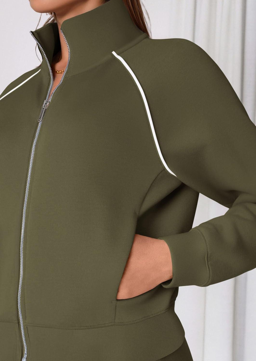 imagePRETTYGARDEN Womens 2 Piece Outfits Sweatsuits 2026 Fall Full Zip Sweatshirts Workout Pants Matching Lounge Sets TracksuitsArmy Green