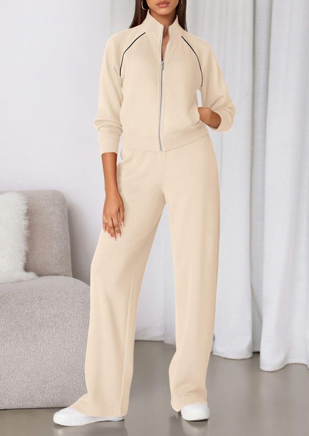 imagePRETTYGARDEN Womens 2 Piece Outfits Sweatsuits 2026 Fall Full Zip Sweatshirts Workout Pants Matching Lounge Sets TracksuitsBeige