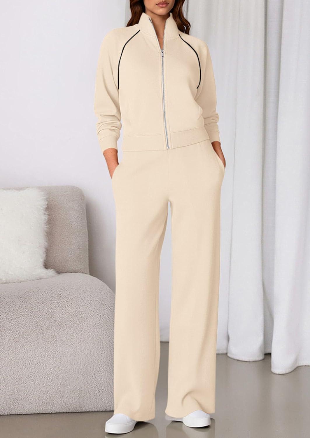 imagePRETTYGARDEN Womens 2 Piece Outfits Sweatsuits 2026 Fall Full Zip Sweatshirts Workout Pants Matching Lounge Sets TracksuitsBeige
