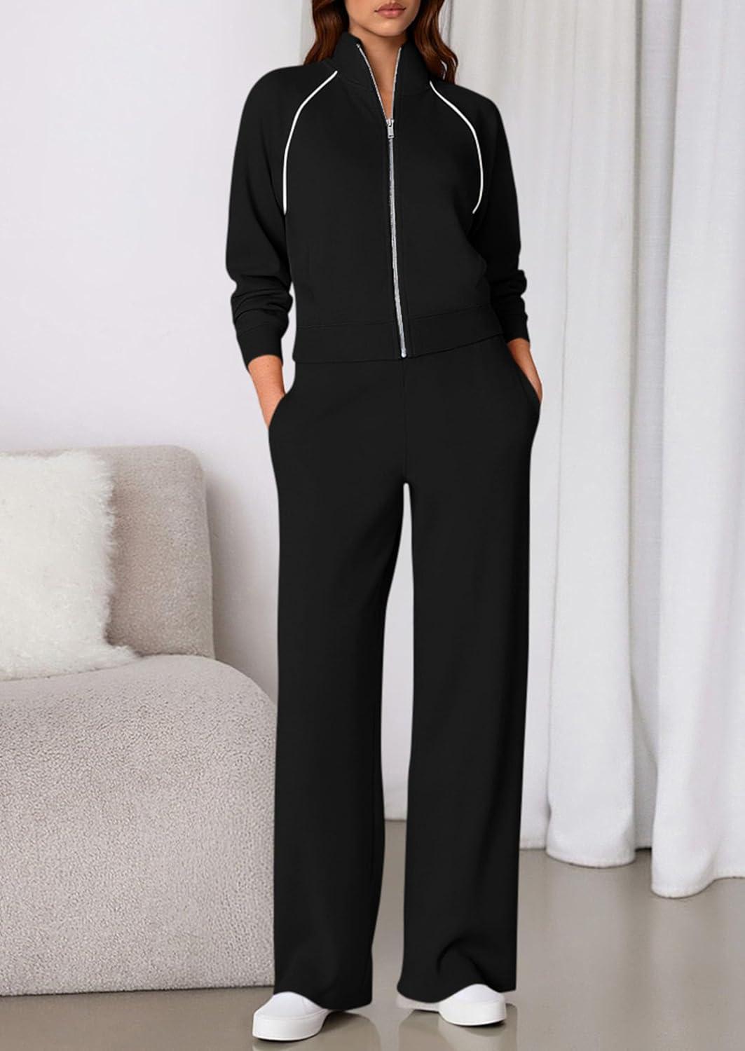 imagePRETTYGARDEN Womens 2 Piece Outfits Sweatsuits 2026 Fall Full Zip Sweatshirts Workout Pants Matching Lounge Sets TracksuitsBlack