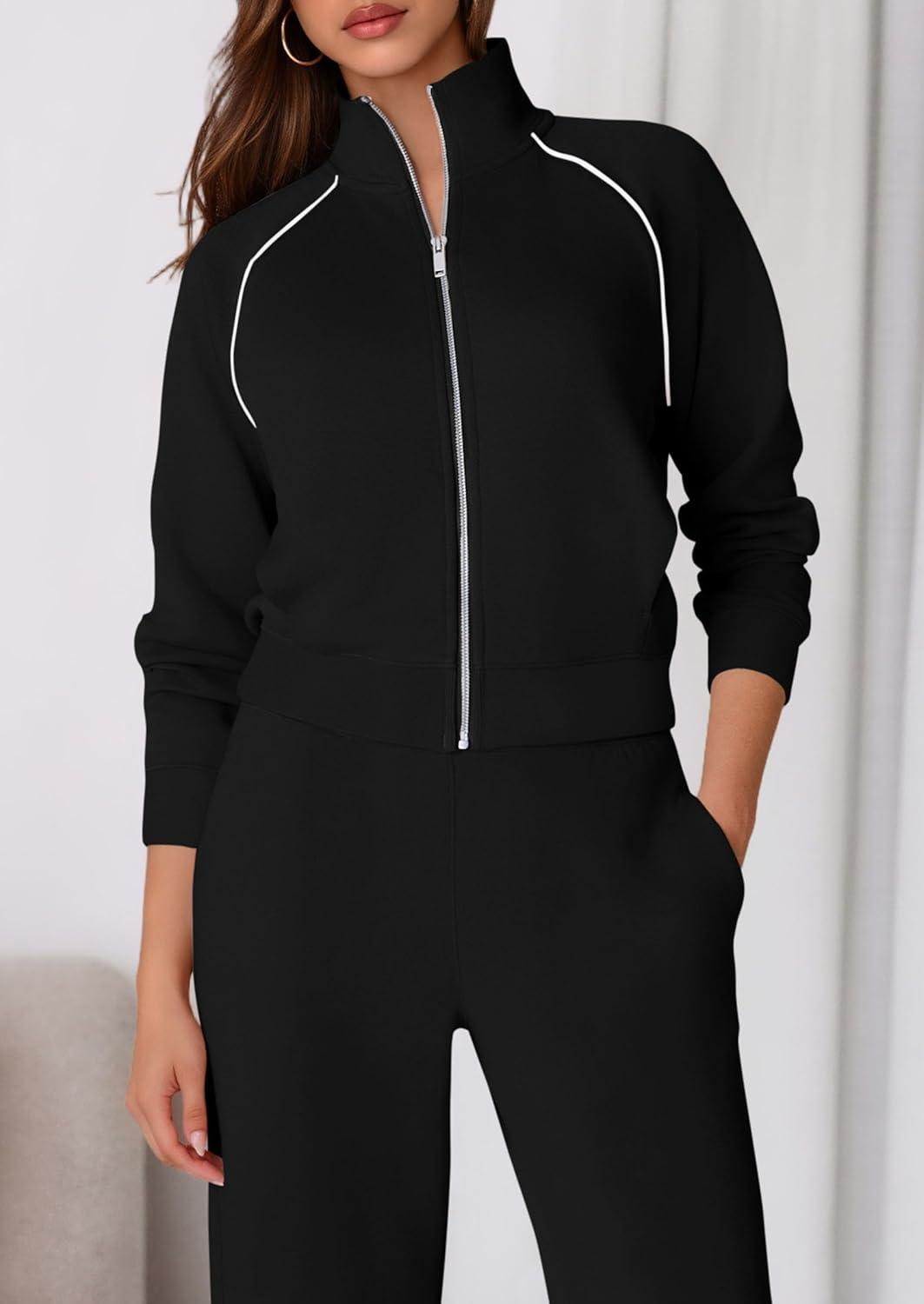 imagePRETTYGARDEN Womens 2 Piece Outfits Sweatsuits 2026 Fall Full Zip Sweatshirts Workout Pants Matching Lounge Sets TracksuitsBlack