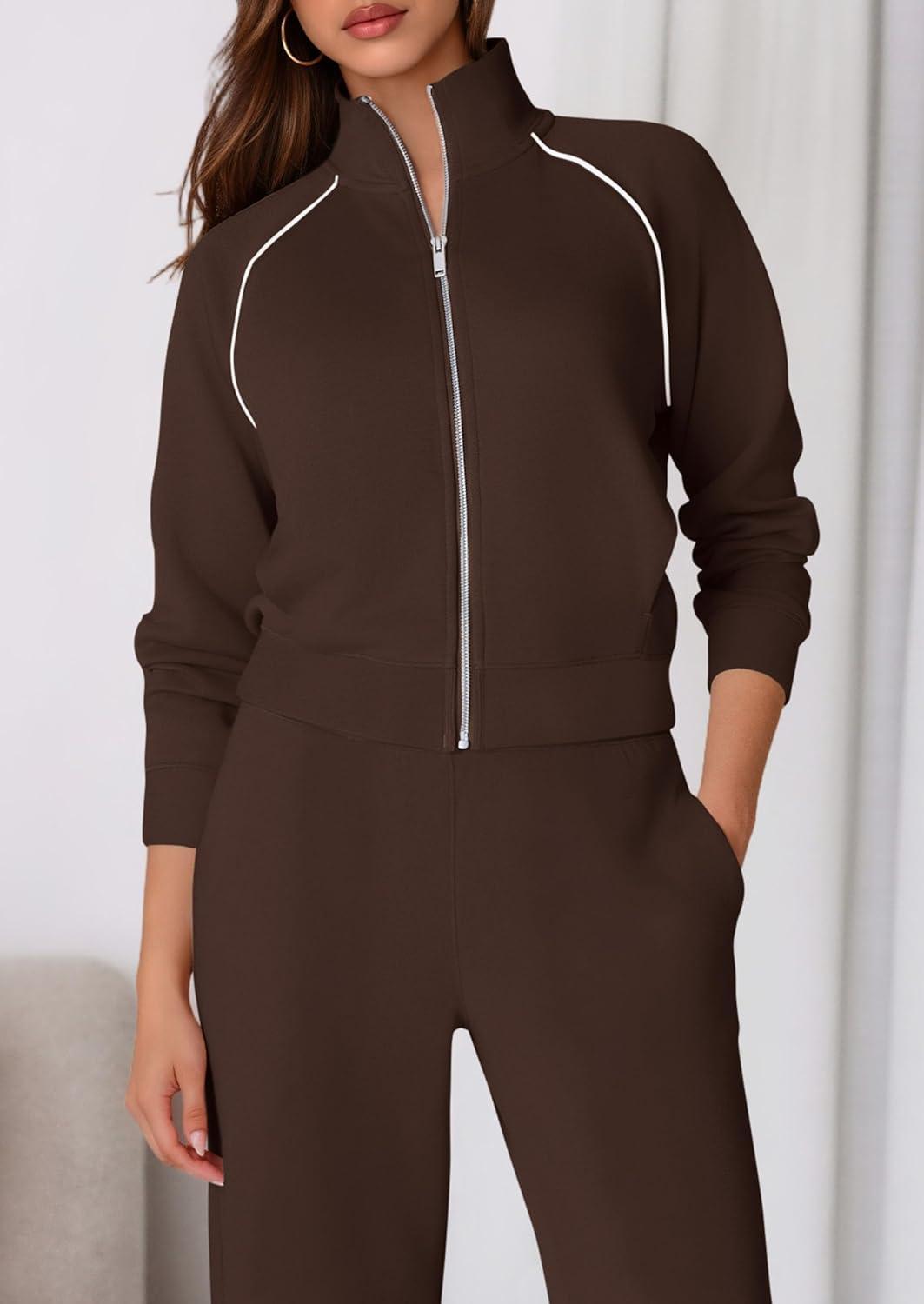 imagePRETTYGARDEN Womens 2 Piece Outfits Sweatsuits 2026 Fall Full Zip Sweatshirts Workout Pants Matching Lounge Sets TracksuitsBrown