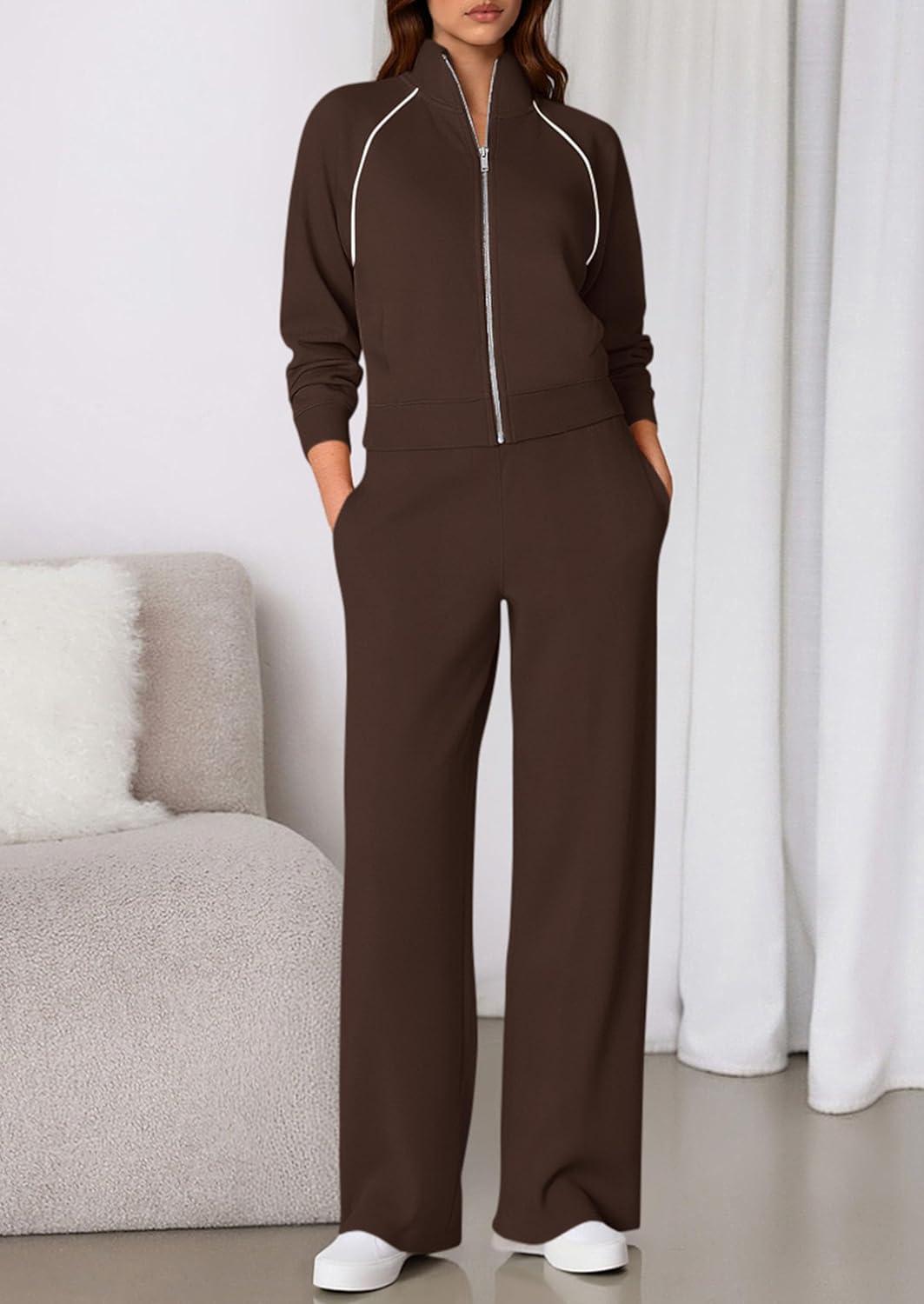 imagePRETTYGARDEN Womens 2 Piece Outfits Sweatsuits 2026 Fall Full Zip Sweatshirts Workout Pants Matching Lounge Sets TracksuitsBrown