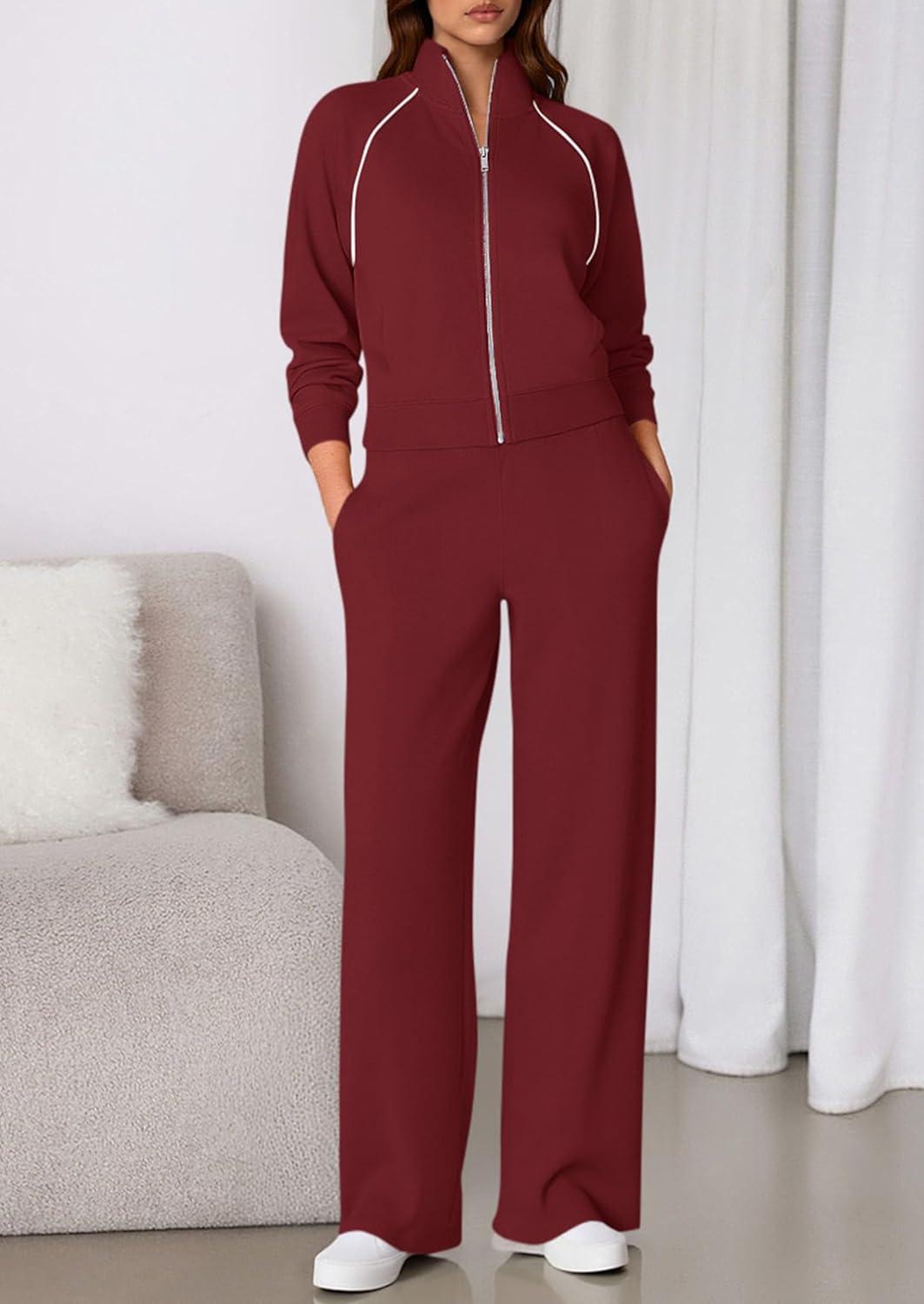 imagePRETTYGARDEN Womens 2 Piece Outfits Sweatsuits 2026 Fall Full Zip Sweatshirts Workout Pants Matching Lounge Sets TracksuitsBurgundy