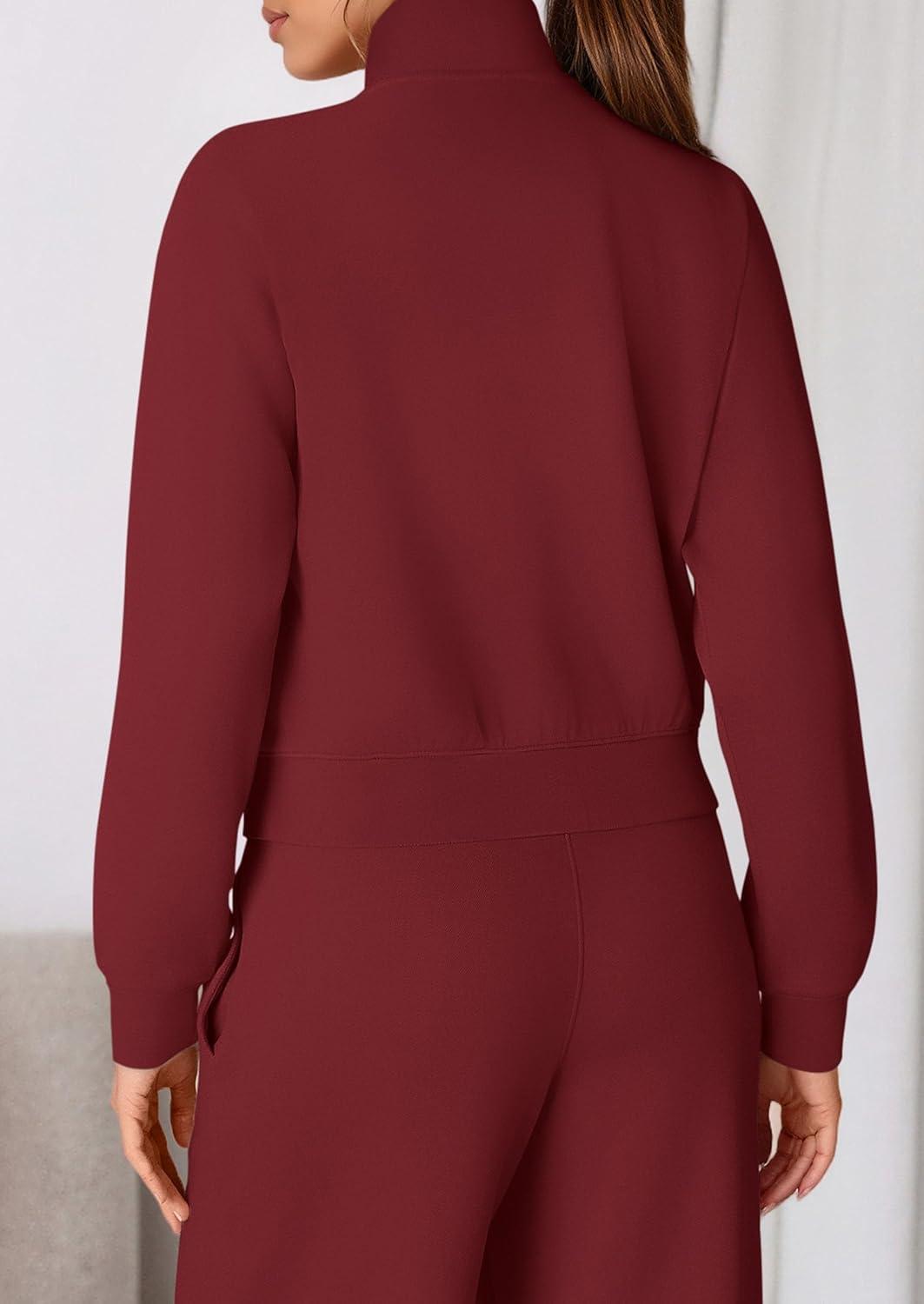 imagePRETTYGARDEN Womens 2 Piece Outfits Sweatsuits 2026 Fall Full Zip Sweatshirts Workout Pants Matching Lounge Sets TracksuitsBurgundy
