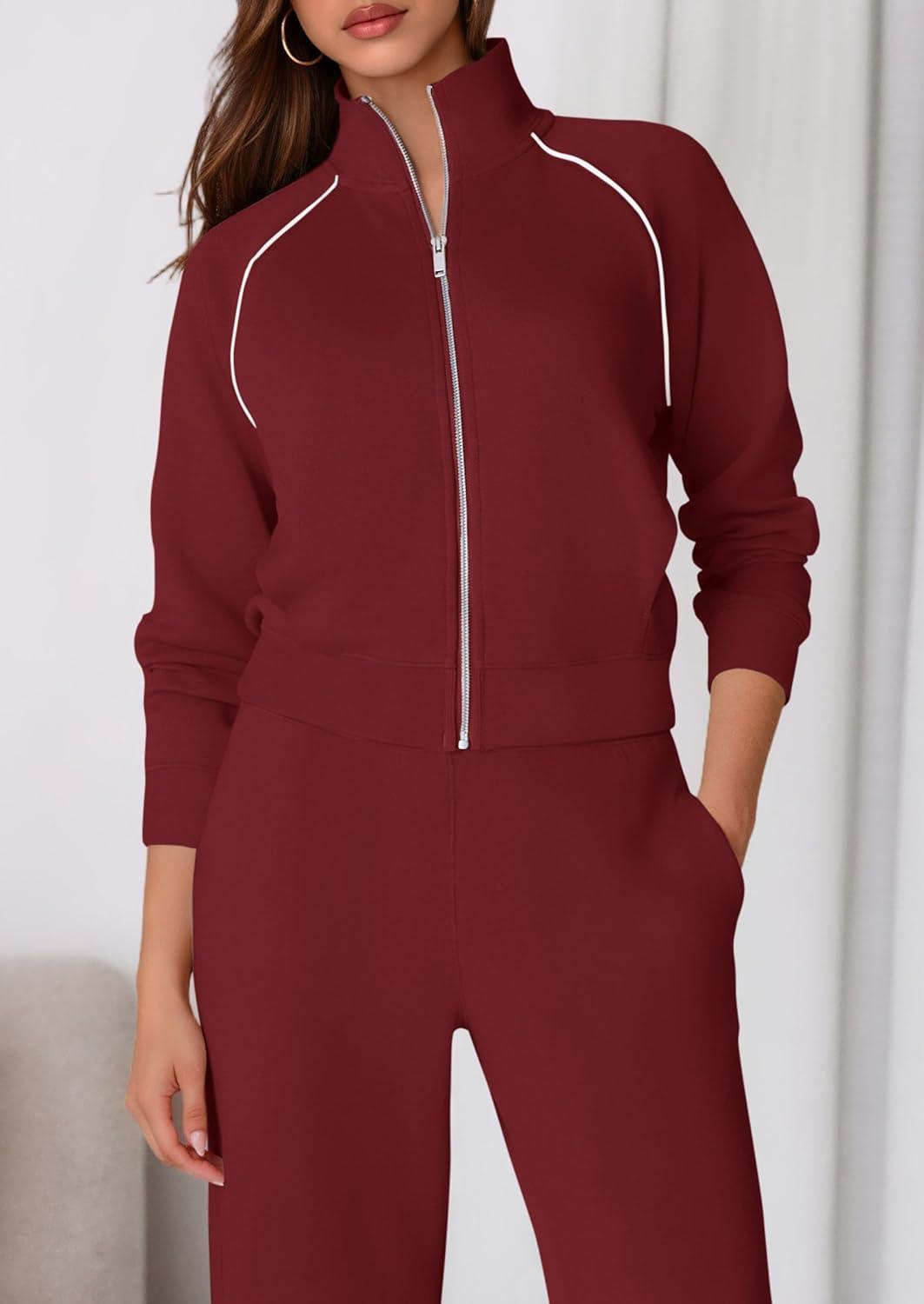 imagePRETTYGARDEN Womens 2 Piece Outfits Sweatsuits 2026 Fall Full Zip Sweatshirts Workout Pants Matching Lounge Sets TracksuitsBurgundy