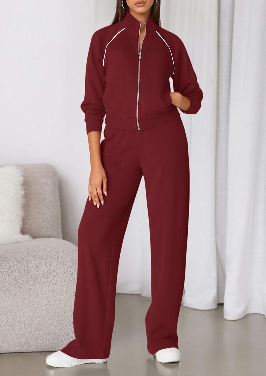 imagePRETTYGARDEN Womens 2 Piece Outfits Sweatsuits 2026 Fall Full Zip Sweatshirts Workout Pants Matching Lounge Sets TracksuitsBurgundy