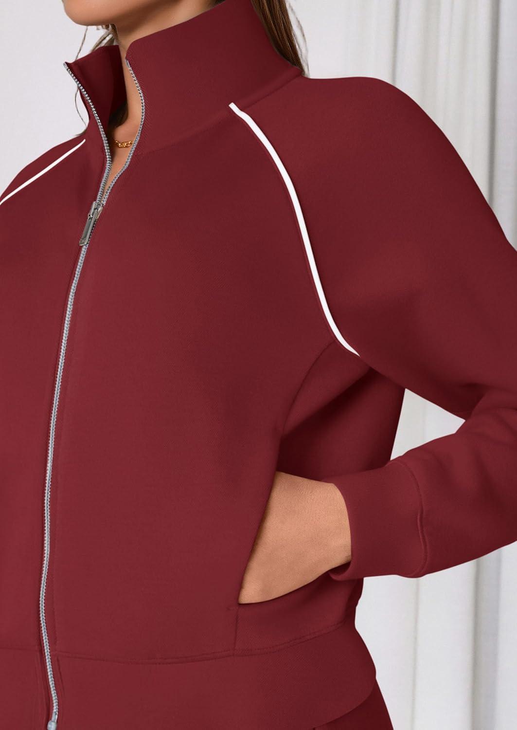 imagePRETTYGARDEN Womens 2 Piece Outfits Sweatsuits 2026 Fall Full Zip Sweatshirts Workout Pants Matching Lounge Sets TracksuitsBurgundy