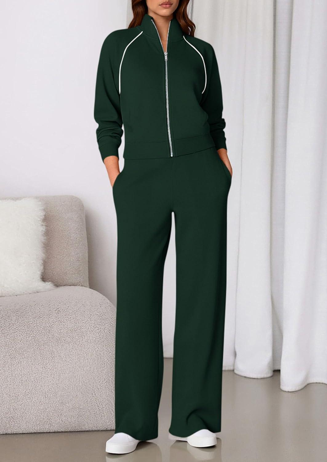 imagePRETTYGARDEN Womens 2 Piece Outfits Sweatsuits 2026 Fall Full Zip Sweatshirts Workout Pants Matching Lounge Sets TracksuitsDark Green