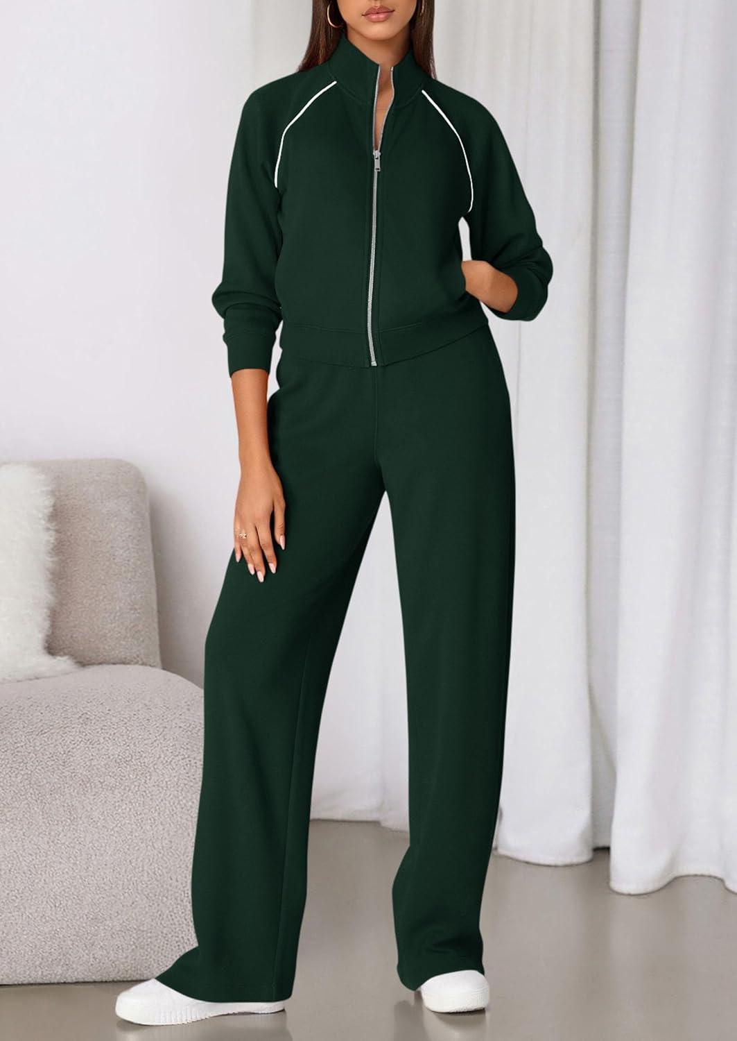 imagePRETTYGARDEN Womens 2 Piece Outfits Sweatsuits 2026 Fall Full Zip Sweatshirts Workout Pants Matching Lounge Sets TracksuitsDark Green