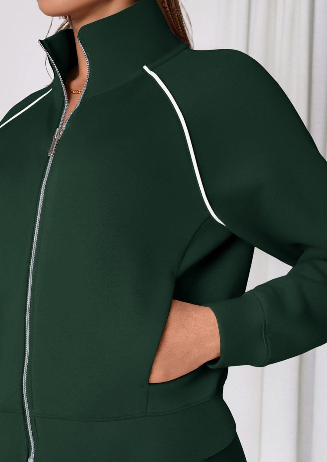 imagePRETTYGARDEN Womens 2 Piece Outfits Sweatsuits 2026 Fall Full Zip Sweatshirts Workout Pants Matching Lounge Sets TracksuitsDark Green