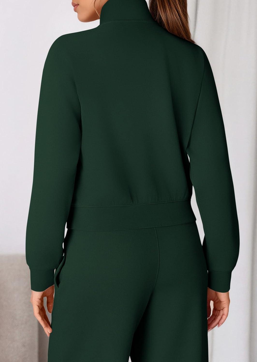 imagePRETTYGARDEN Womens 2 Piece Outfits Sweatsuits 2026 Fall Full Zip Sweatshirts Workout Pants Matching Lounge Sets TracksuitsDark Green