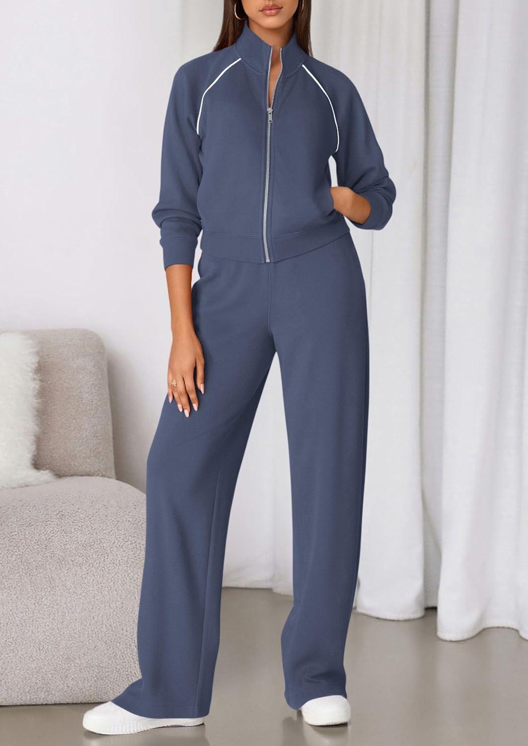 imagePRETTYGARDEN Womens 2 Piece Outfits Sweatsuits 2026 Fall Full Zip Sweatshirts Workout Pants Matching Lounge Sets TracksuitsDusty Blue