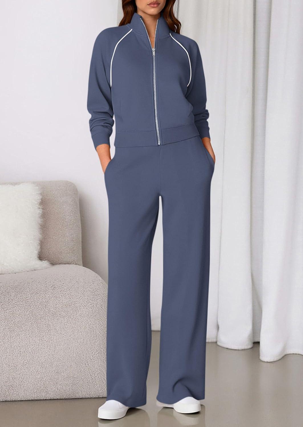 imagePRETTYGARDEN Womens 2 Piece Outfits Sweatsuits 2026 Fall Full Zip Sweatshirts Workout Pants Matching Lounge Sets TracksuitsDusty Blue