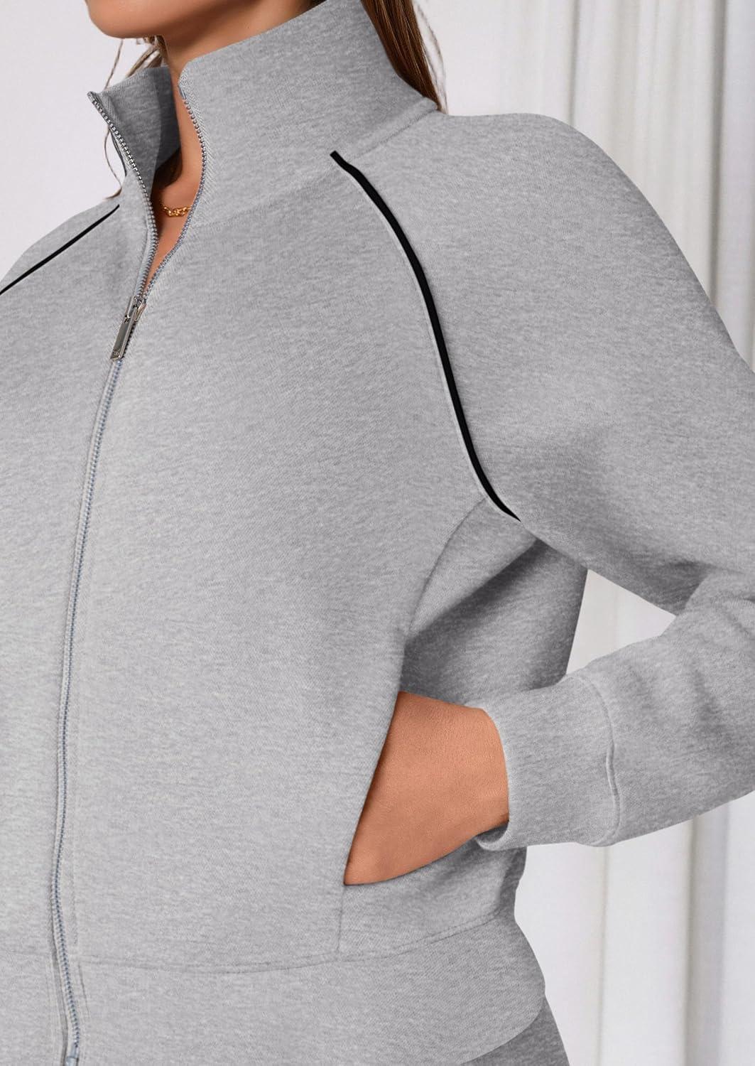 imagePRETTYGARDEN Womens 2 Piece Outfits Sweatsuits 2026 Fall Full Zip Sweatshirts Workout Pants Matching Lounge Sets TracksuitsGrey