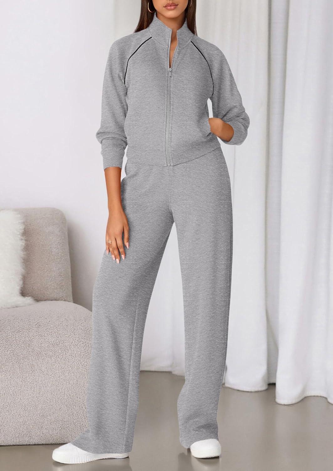 imagePRETTYGARDEN Womens 2 Piece Outfits Sweatsuits 2026 Fall Full Zip Sweatshirts Workout Pants Matching Lounge Sets TracksuitsGrey