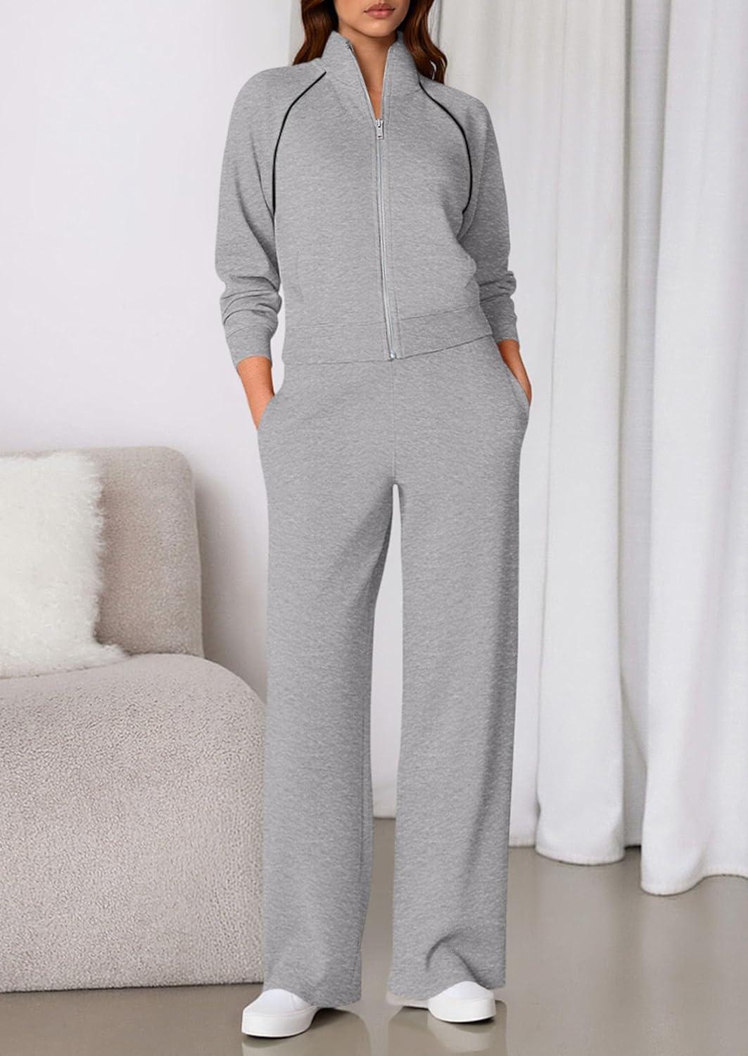 imagePRETTYGARDEN Womens 2 Piece Outfits Sweatsuits 2026 Fall Full Zip Sweatshirts Workout Pants Matching Lounge Sets TracksuitsGrey