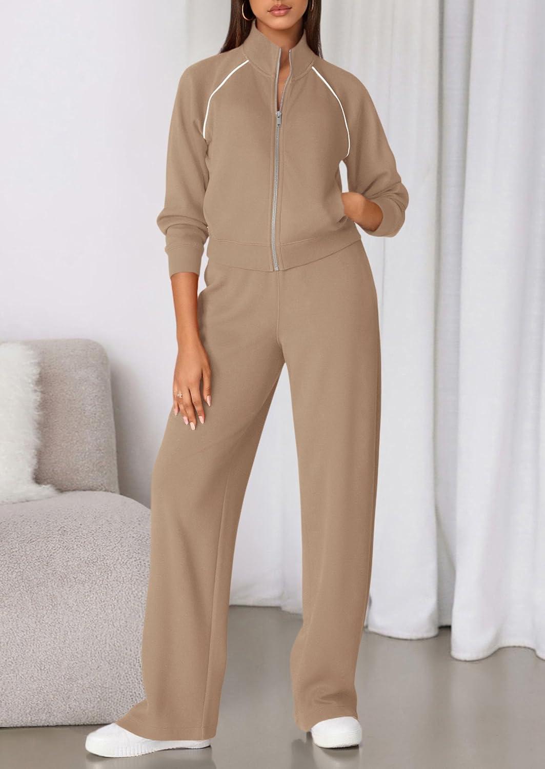 imagePRETTYGARDEN Womens 2 Piece Outfits Sweatsuits 2026 Fall Full Zip Sweatshirts Workout Pants Matching Lounge Sets TracksuitsKhaki