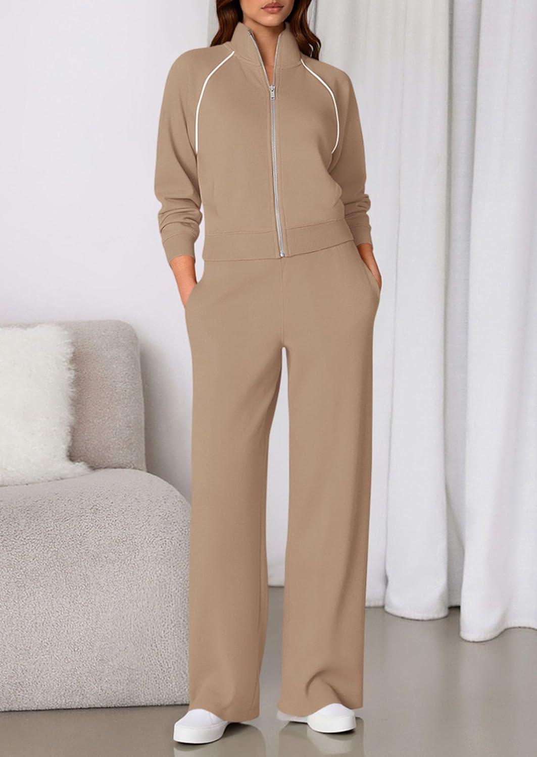 imagePRETTYGARDEN Womens 2 Piece Outfits Sweatsuits 2026 Fall Full Zip Sweatshirts Workout Pants Matching Lounge Sets TracksuitsKhaki