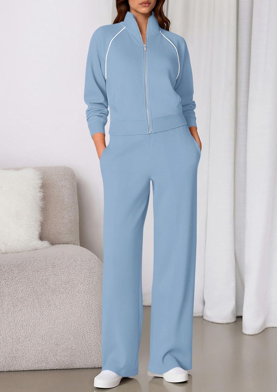 imagePRETTYGARDEN Womens 2 Piece Outfits Sweatsuits 2026 Fall Full Zip Sweatshirts Workout Pants Matching Lounge Sets TracksuitsLight Blue