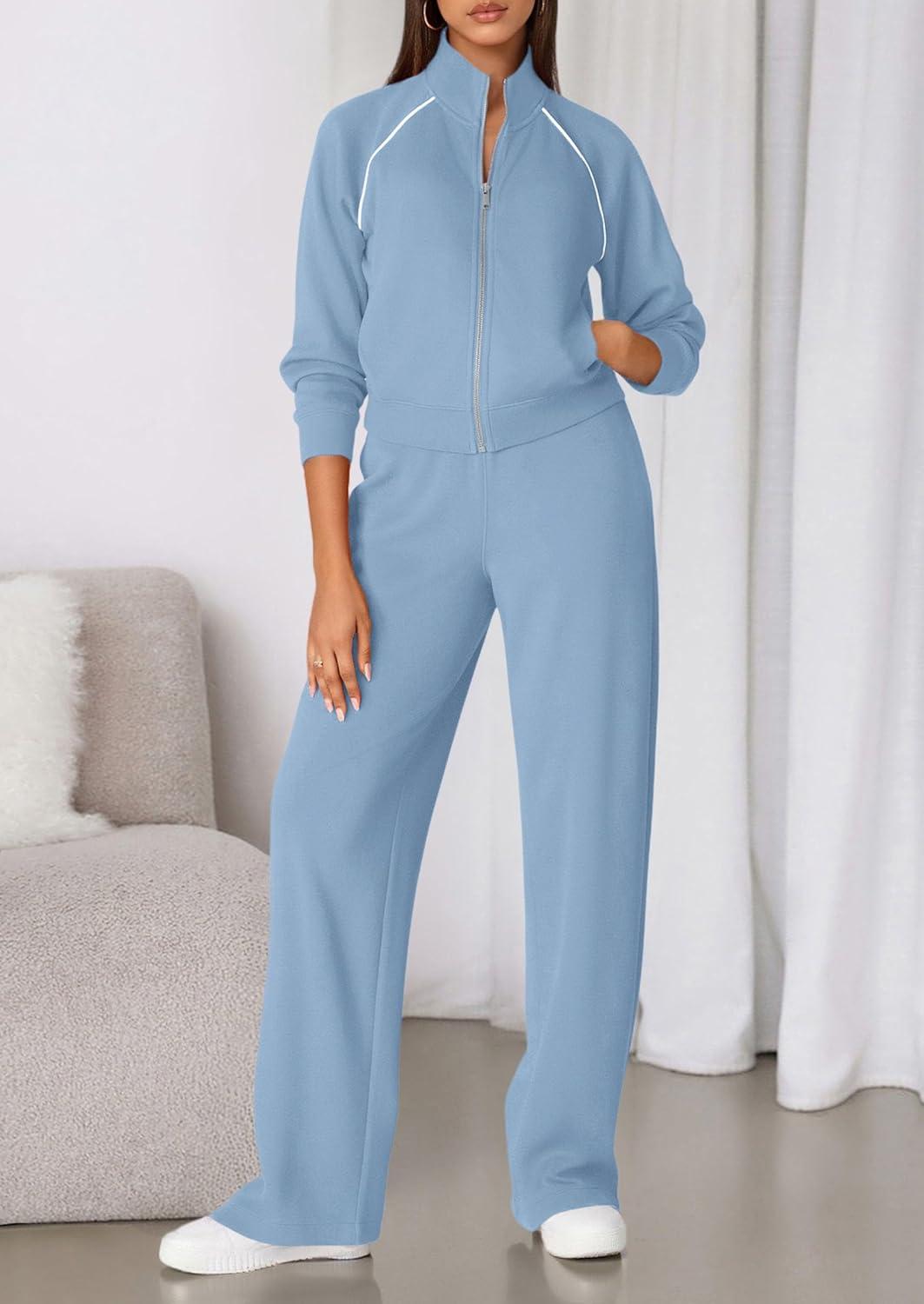 imagePRETTYGARDEN Womens 2 Piece Outfits Sweatsuits 2026 Fall Full Zip Sweatshirts Workout Pants Matching Lounge Sets TracksuitsLight Blue