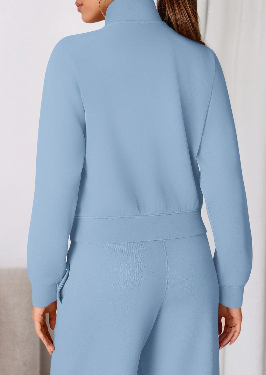 imagePRETTYGARDEN Womens 2 Piece Outfits Sweatsuits 2026 Fall Full Zip Sweatshirts Workout Pants Matching Lounge Sets TracksuitsLight Blue