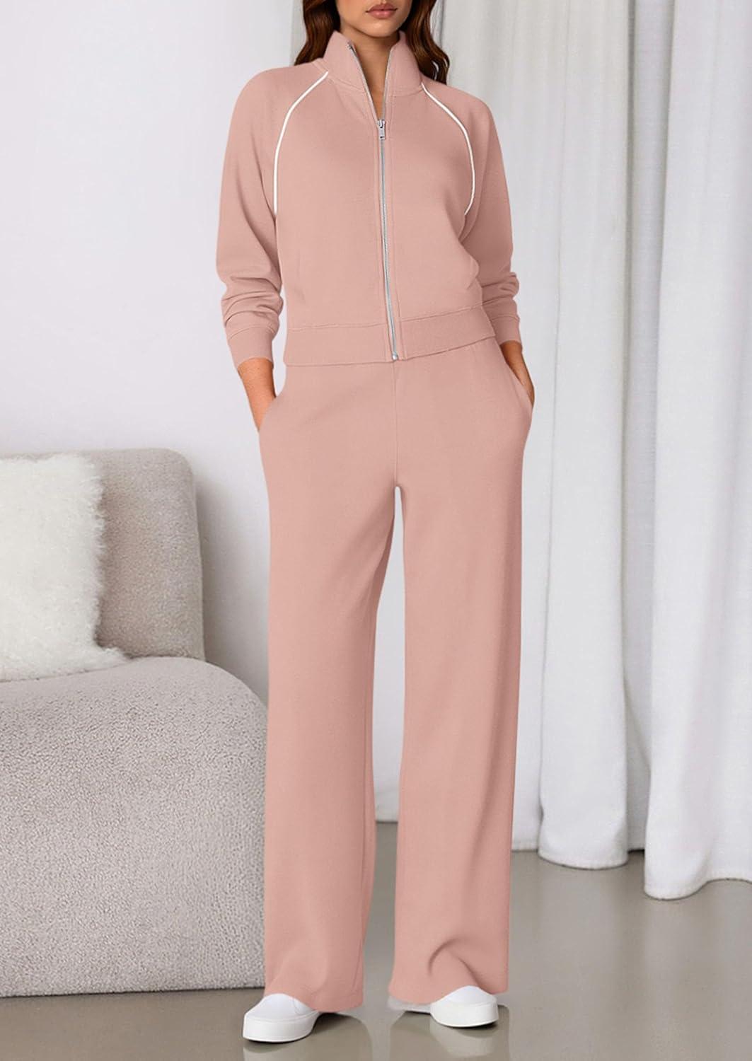 imagePRETTYGARDEN Womens 2 Piece Outfits Sweatsuits 2026 Fall Full Zip Sweatshirts Workout Pants Matching Lounge Sets TracksuitsLight Pink