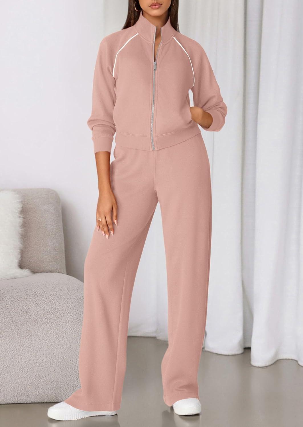 imagePRETTYGARDEN Womens 2 Piece Outfits Sweatsuits 2026 Fall Full Zip Sweatshirts Workout Pants Matching Lounge Sets TracksuitsLight Pink