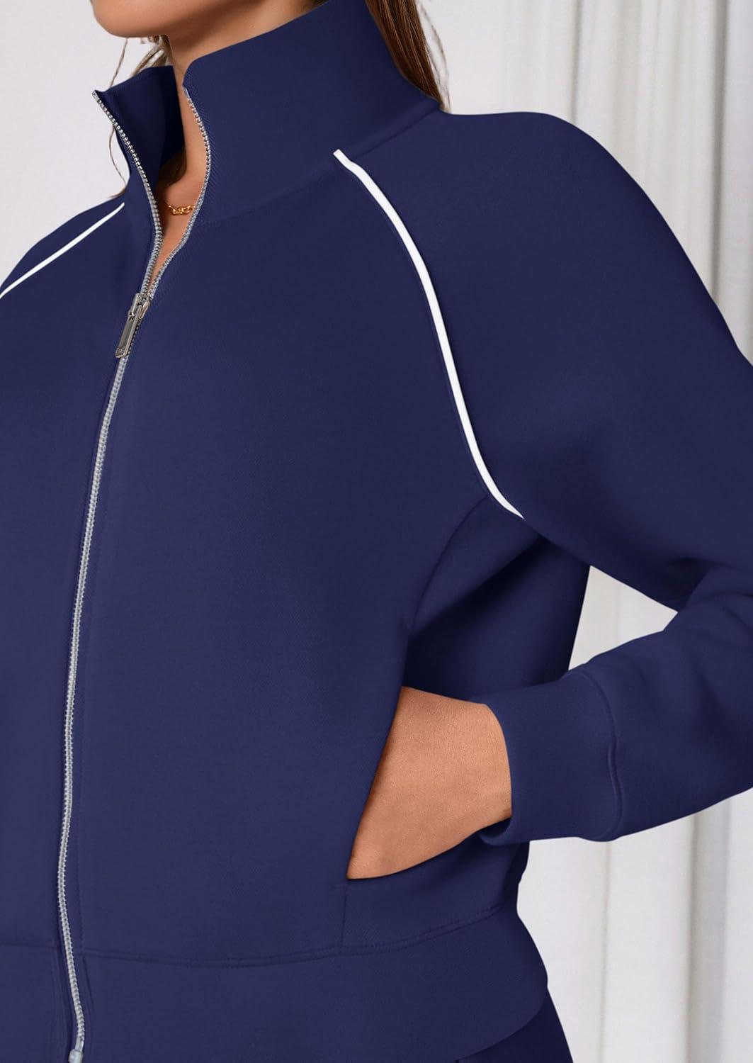 imagePRETTYGARDEN Womens 2 Piece Outfits Sweatsuits 2026 Fall Full Zip Sweatshirts Workout Pants Matching Lounge Sets TracksuitsNavy Blue