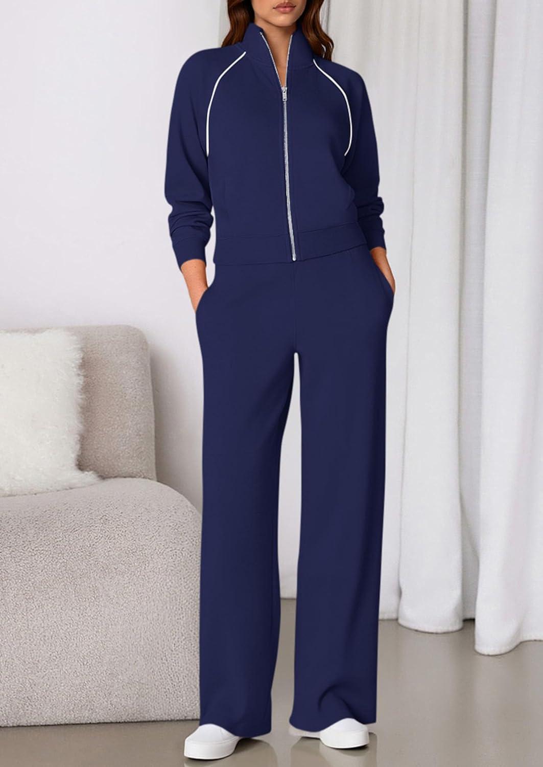 imagePRETTYGARDEN Womens 2 Piece Outfits Sweatsuits 2026 Fall Full Zip Sweatshirts Workout Pants Matching Lounge Sets TracksuitsNavy Blue
